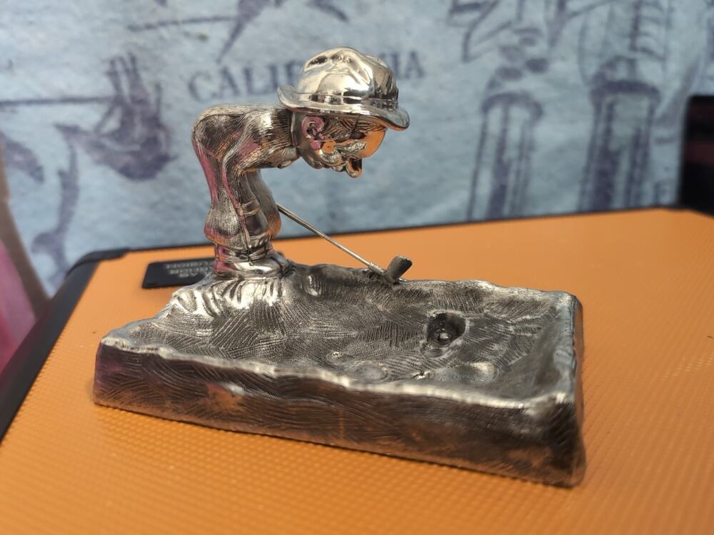 Vtg Pewter Golfer in Sand Trap - Ashtray Trinket Dish 1950s Signed Japan
